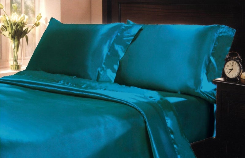 MK Home Mk Collection 4pc Full Size Soft Silky Satin Solid Turquoise Deep Pocket Sheet Set New - Image 2